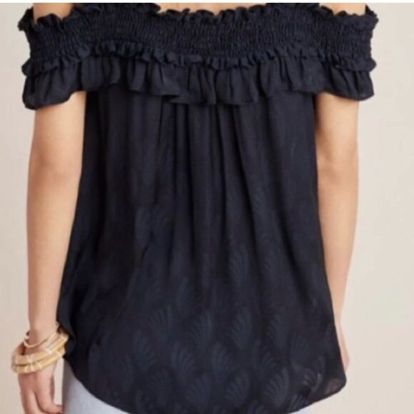 Anthropologie Black Leaf Print Finn Open Shoulder Ruffle Smocked Blouse S NWT - Picture 2 of 12